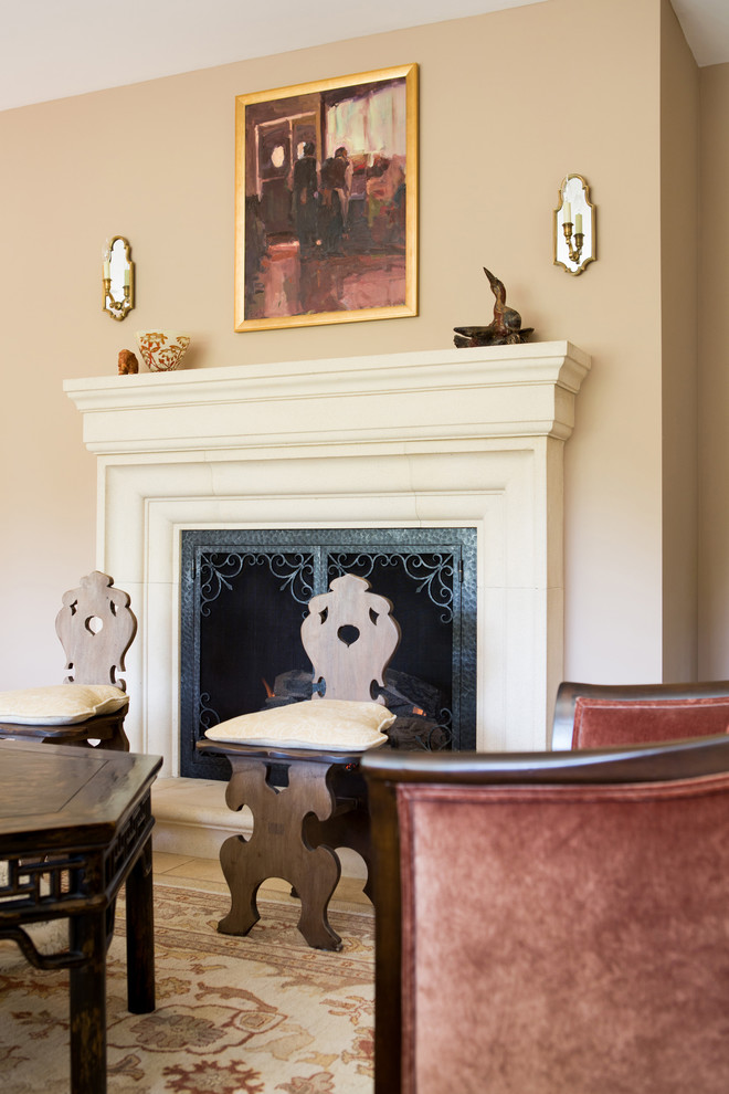 Limestone Fireplace Surrounds Living Room Traditional with Abstract Art Barrel Chairs
