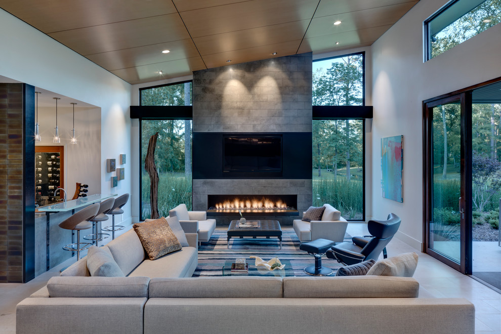 Linear Gas Fireplace Living Room Contemporary with Black Leather Chairs Counter