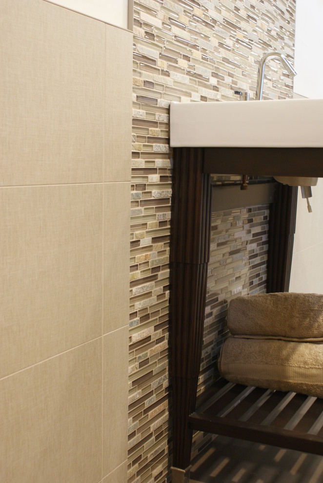 Linen Look Tile Bathroom Contemporary with Glass and Stone Mosaic