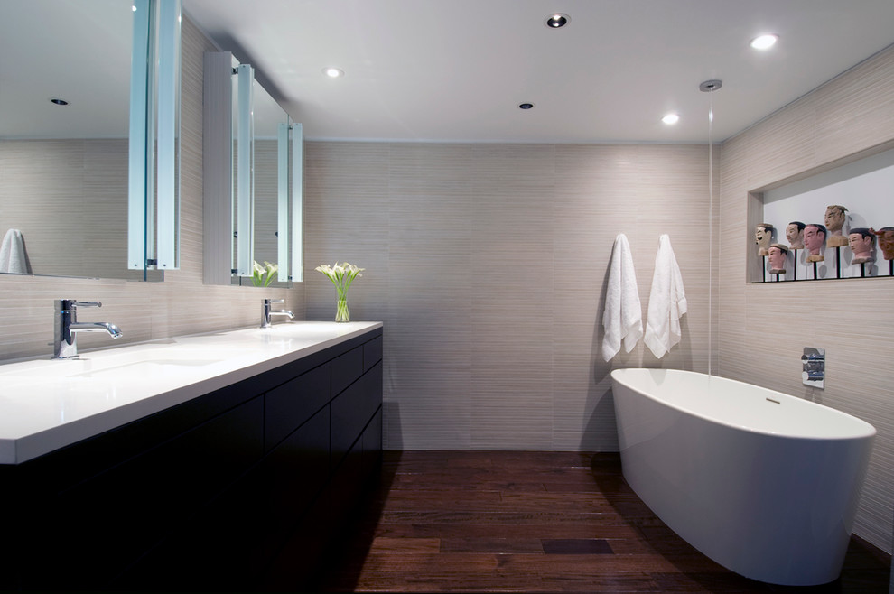 Linen Porcelain Tile Bathroom Contemporary with Ceramic Tile Ebonized Oak