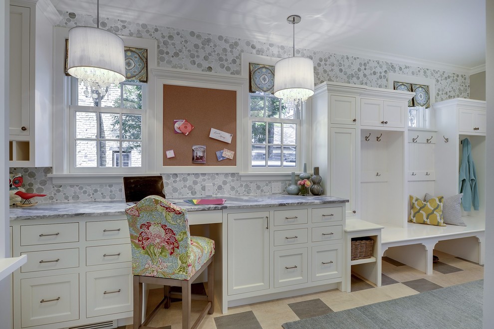Linen Porcelain Tile Entry Transitional with Built in Desk Circle Wallpaper