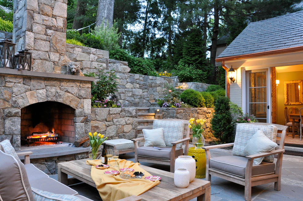 Living Room Drapes Patio Traditional with Beige Ottoman Outdoor Fireplace