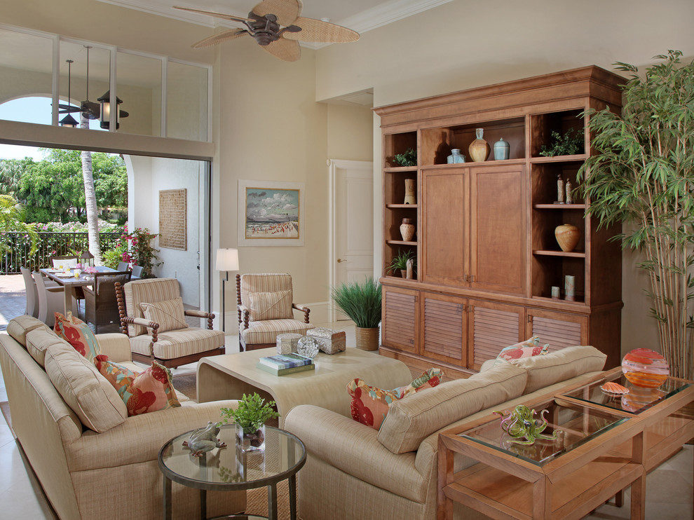 Living Room Hutch Family Room Tropical with Ceiling Fan Crown Molding