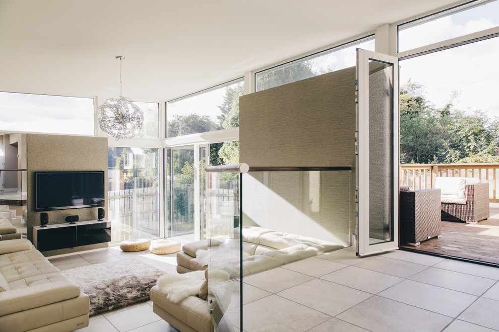 Living Room Tile Floor Family Room Contemporary with Accent Wall Ceiling Light