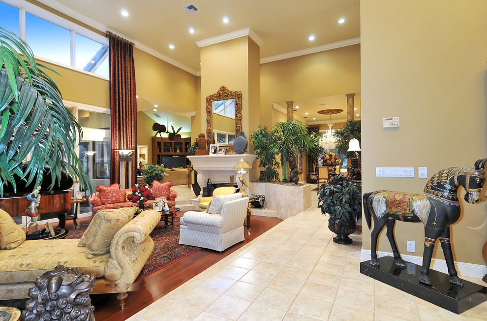 Living Room Tile Floor Living Room Traditional with Ceiling Lighting Clerestory Curtains