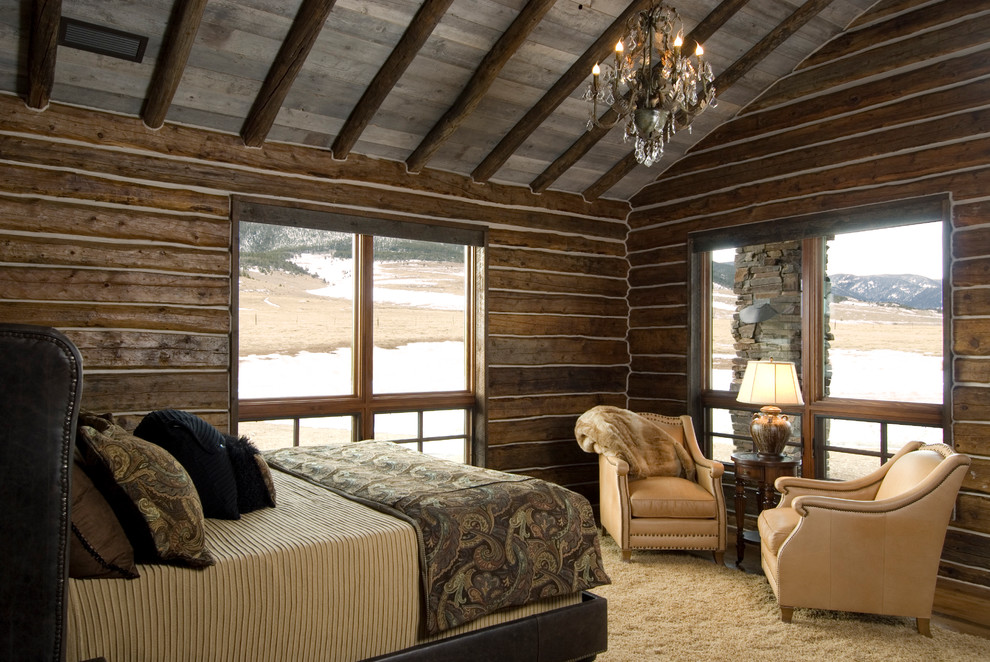 Log Cabin Bedroom Bedroom Rustic with Area Rug Armchairs Brown
