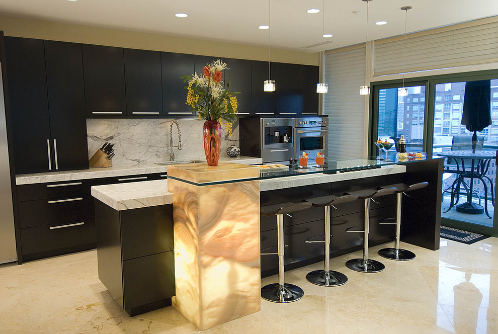 Long Cabinet Pulls Kitchen Contemporary with Accent Wall Black Cabinets