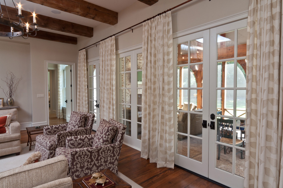 Long Curtain Rods Family Room with Beams Brown Draperies Embroidery