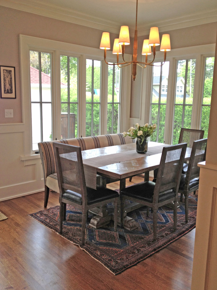 Long Upholstered Bench Dining Room Traditional with Booth Chandelier Pink Wall
