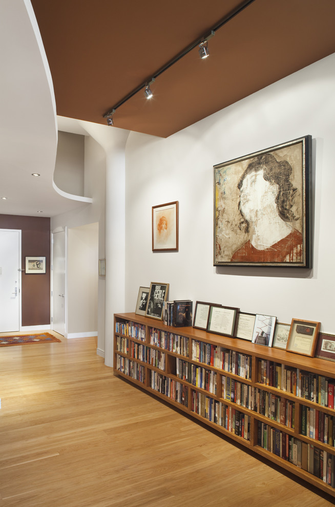 Low Long Bookcase Entry Contemporary with Accent Ceiling Accent Wall