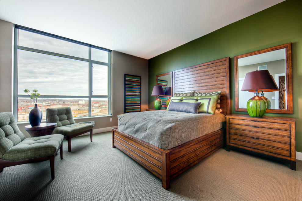Low Pile Carpet Bedroom Contemporary with Fabric Upholstery Gray Bedding