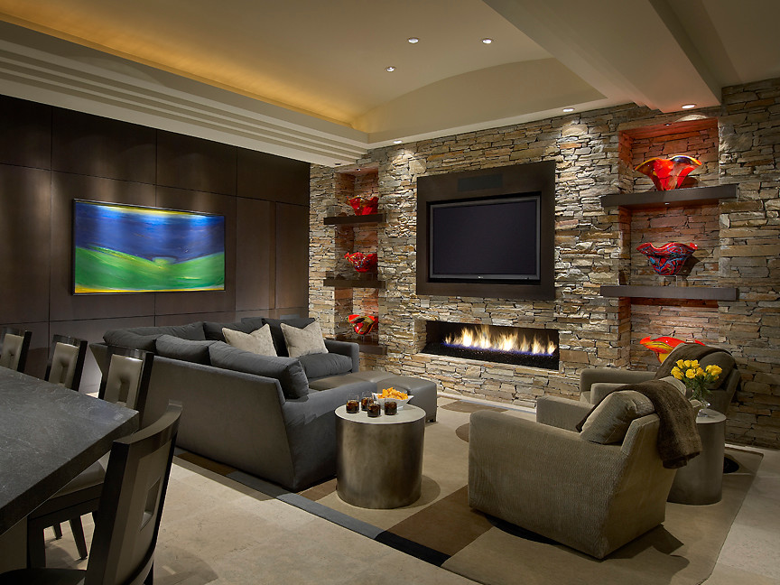 Low Profile Fireplace Family Room Contemporary with Art Glass Concrete Table