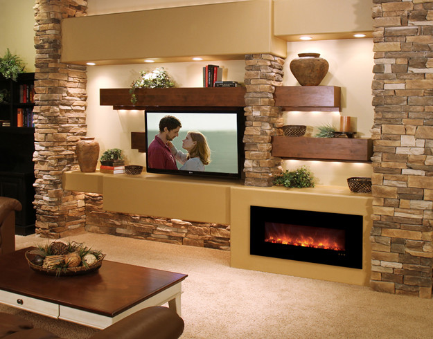 Low Profile Fireplace Living Room Contemporary with Family Room Home Theater