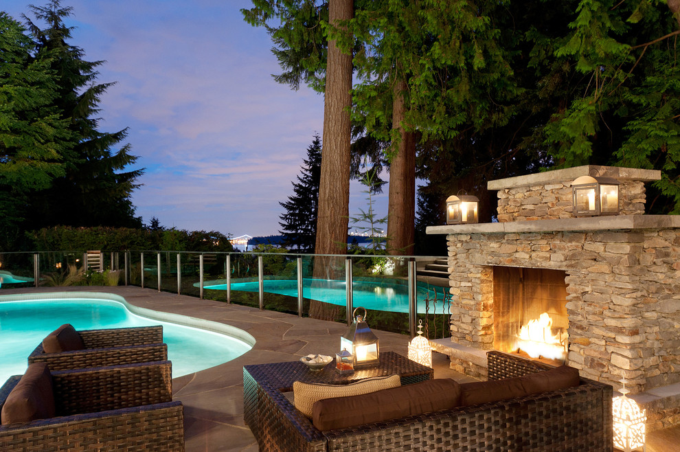 Low Profile Fireplace Pool Contemporary with Brown Seat Cushions Curved