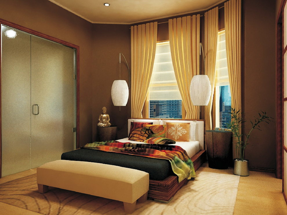 Low Profile Platform Bed Bedroom Asian with Area Rug Bamboo Bedside