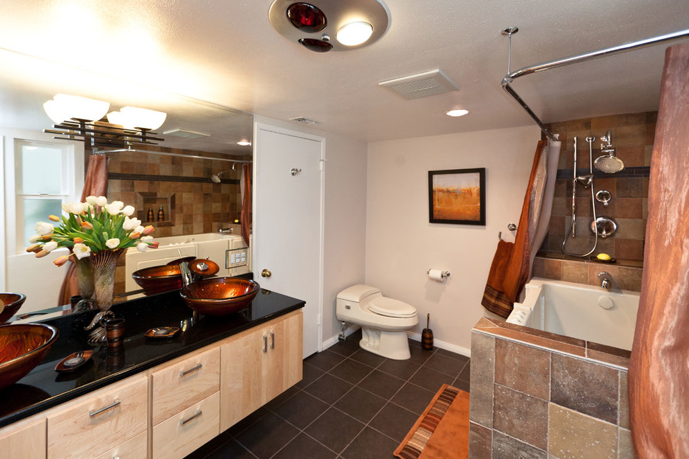 Low Profile Toilet Bathroom Eclectic with Accessible Black Stone Counter
