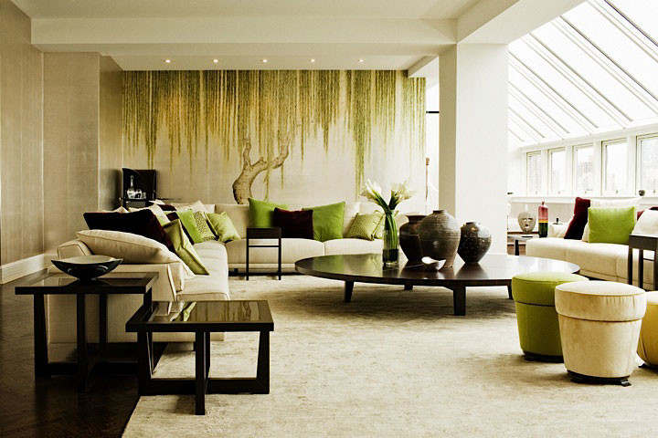 Low Round Coffee Table Living Room Asian with Chinoiserie Hand Painted Wallpaper