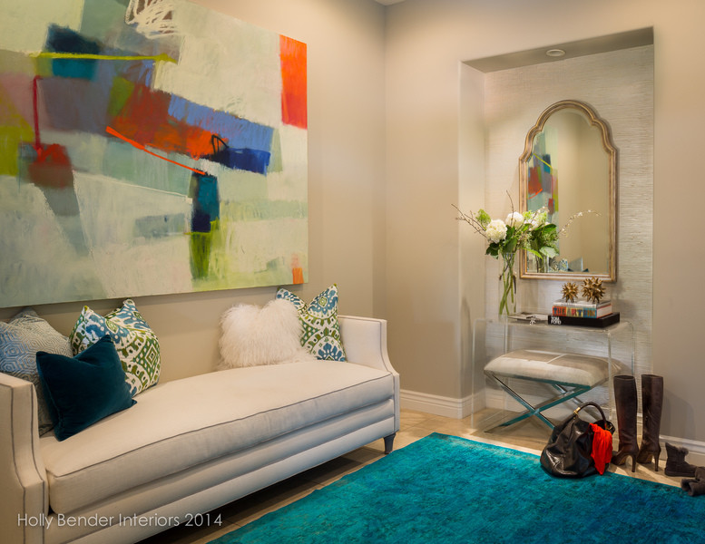 Lucite Console Table Entry Transitional with Abstract Art Benjamin Moore