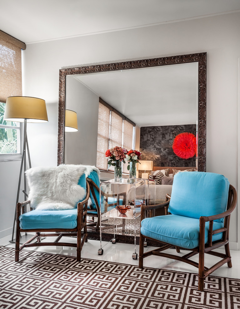 Lucite Side Table Bedroom Contemporary with Blue Cushions Faux Hide