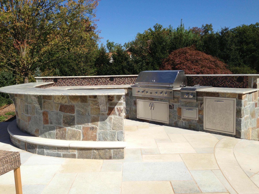 Luxury Outdoor Kitchens Patio Traditional with Attached Bar Backsplash Backsplash
