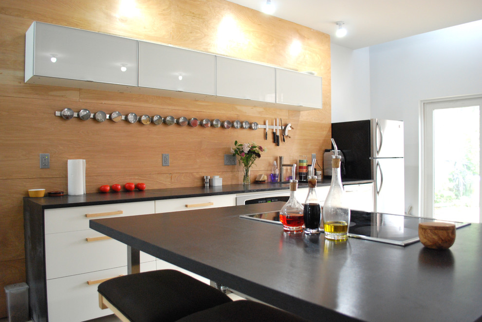 Magnetic Wall Covering Kitchen Industrial with Black Countertops Breakfast Bar