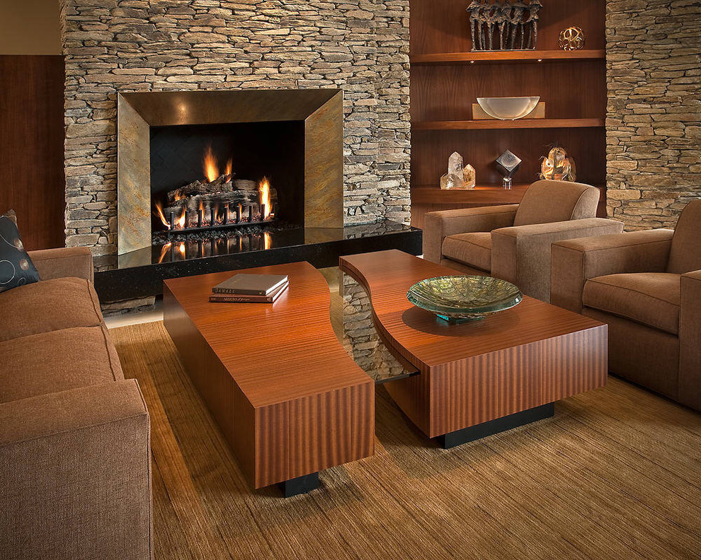 Mahogany Coffee Table Living Room Contemporary with Art Glass Bowl Bronze
