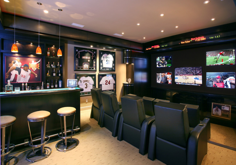 Man Cave Lighting Home Theater Contemporary with Baseball Beige Carpet Beige