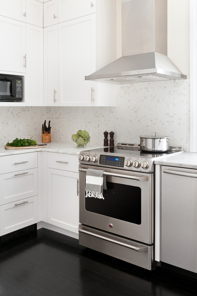 Marble Backsplash Tile Kitchen Transitional with Black Floor Black Floors