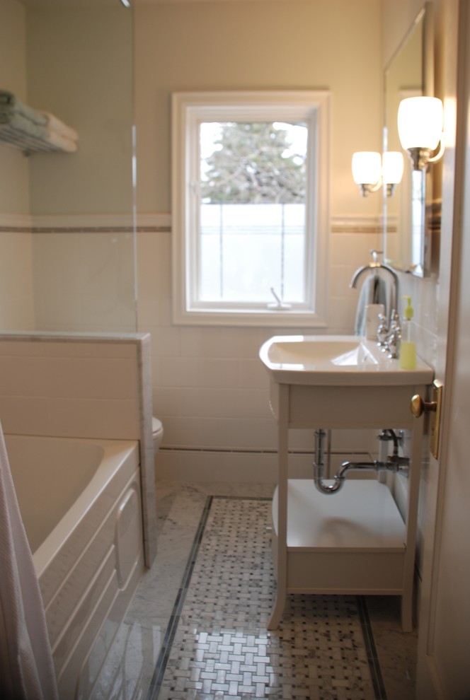 Marble Basketweave Tile Bathroom Traditional with Marble Sconce Small Subway