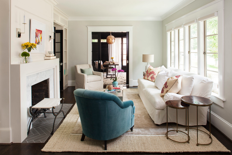 Marble Fireplace Hearth Living Room Transitional with Airy Beach Style Blue