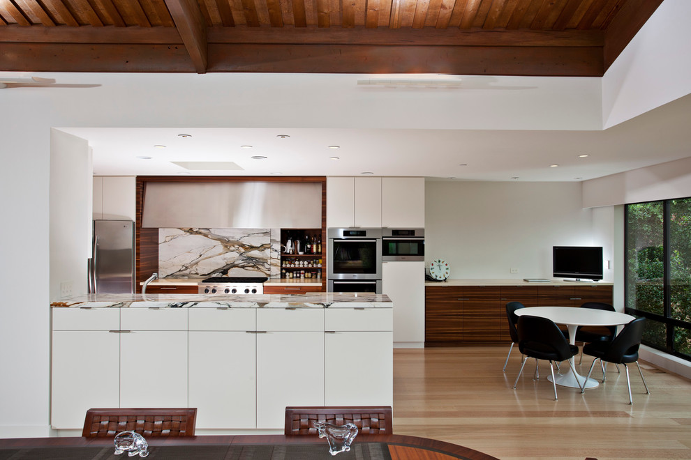 Marble Kitchen Backsplash Kitchen Contemporary with Black Chairs Double Ovens