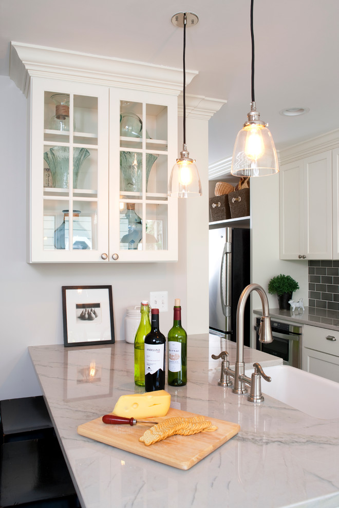 Marble Looking Granite Kitchen Traditional with Farmhouse Sink Glass Front Cabinet