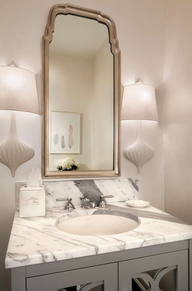 Marble Looking Granite Powder Room Transitional with Ceramic Sconce Framed Mirror