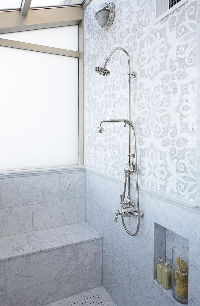 Marble Mosaic Tile Bathroom Traditional with Alcove Built in Frosted