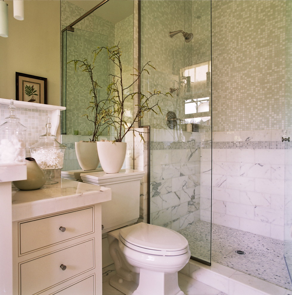 Marble Mosaic Tile Bathroom Traditional with Glass Shower Enclosure Marble