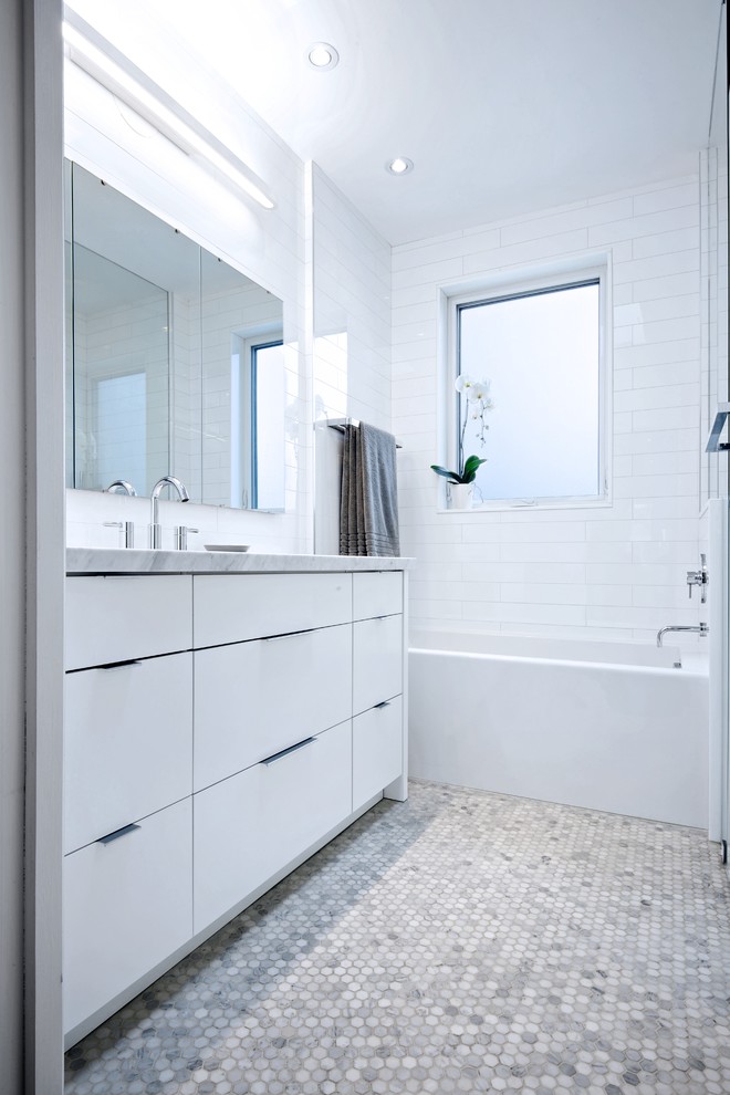 Marble Penny Tile Bathroom Contemporary with Amrble Countertop Custom Vanity