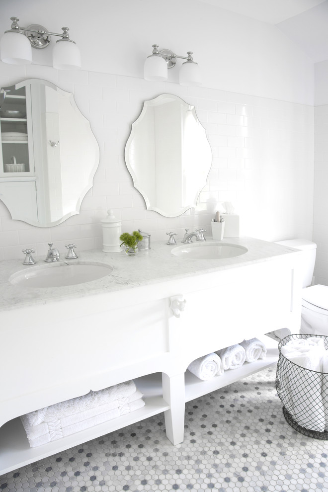 Marble Penny Tile Bathroom Transitional with Carrara Penny Hex Tile