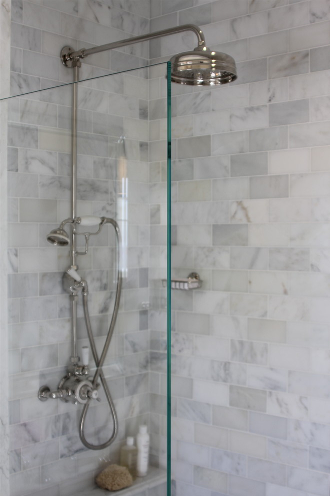 Marble Subway Tile Bathroom Contemporary with Glass Shower Divider Marble