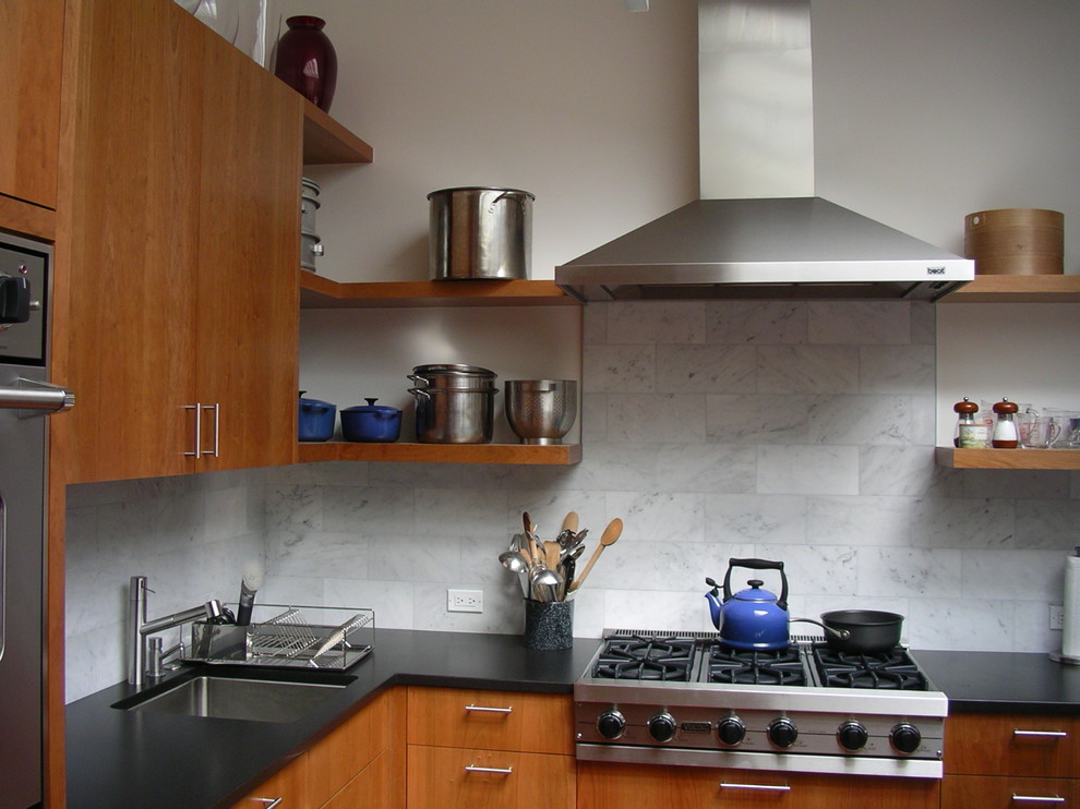 Marble Subway Tile Kitchen Contemporary with Black Countertops Cherry Cabinets