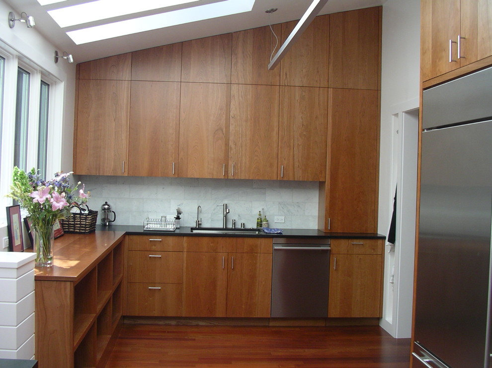 Marble Subway Tile Backsplash Kitchen Contemporary with Backsplash Black Countertop Cathedral1