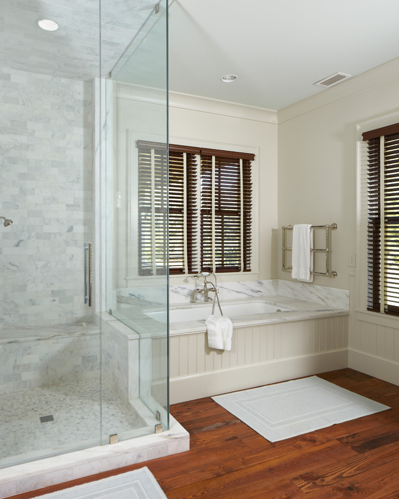 Marble Subway Tile Shower Bathroom Traditional with Bathtub Clear Glass Shower