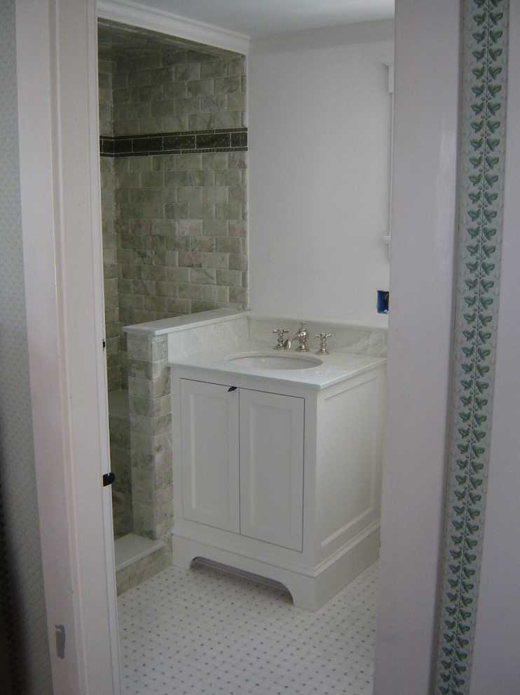 Marble Subway Tile Shower Bathroom Traditional with Custom Vanity Marble Mosaic