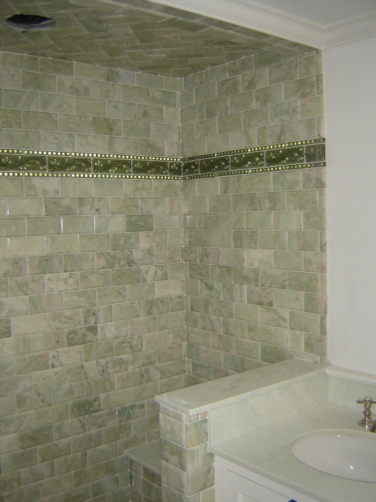 Marble Subway Tile Shower Bathroom Traditional with Glass Deco Marble Subway