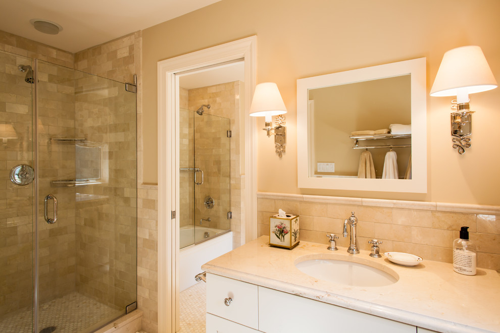 Marble Tile Countertop Bathroom Traditional with Beige Custom Cabinetry Ensuite