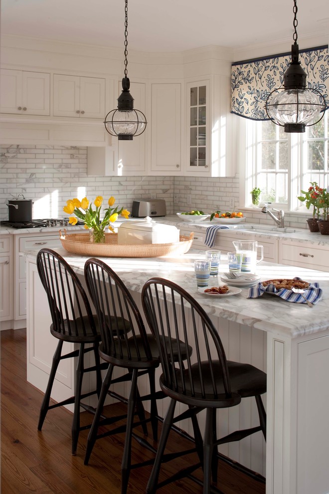 Marble Tile Countertop Kitchen Traditional with Caged Pendant Lights Casement