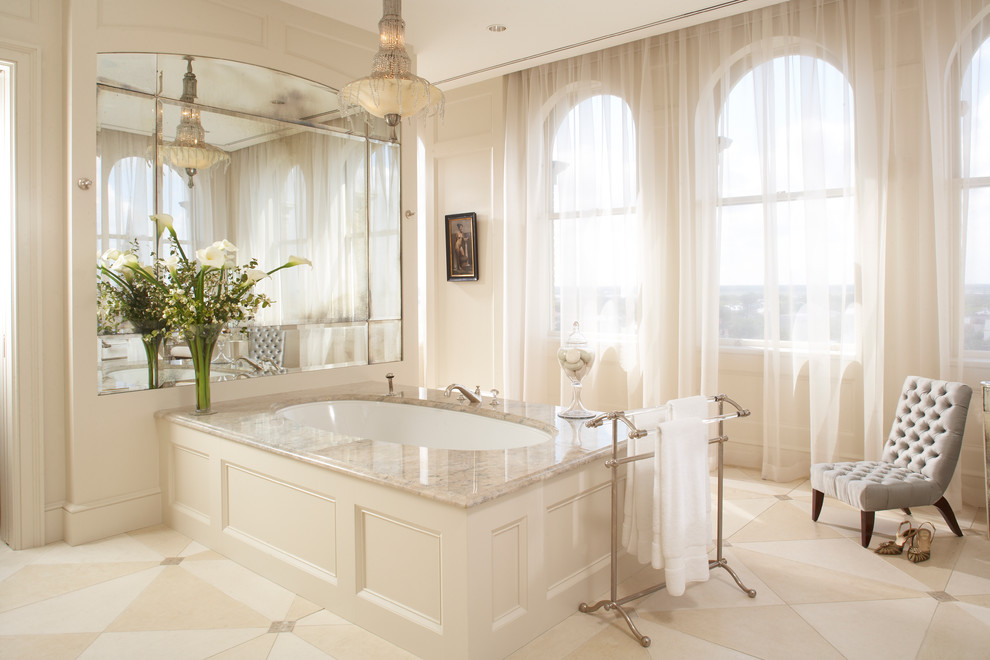 Marble Tub Surround Bathroom Traditional with Arched Mirror Arched Windows