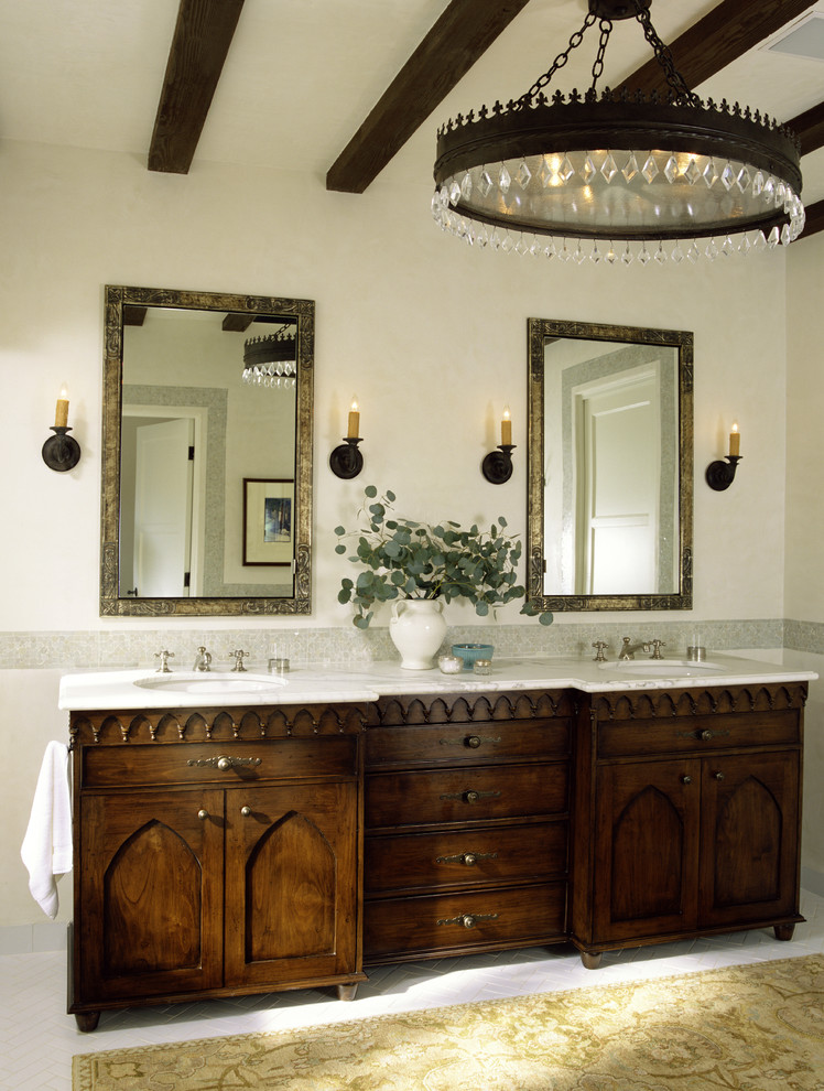 Master Bathroom Vanities Bathroom Mediterranean with Accent Tile Arched Cabinets