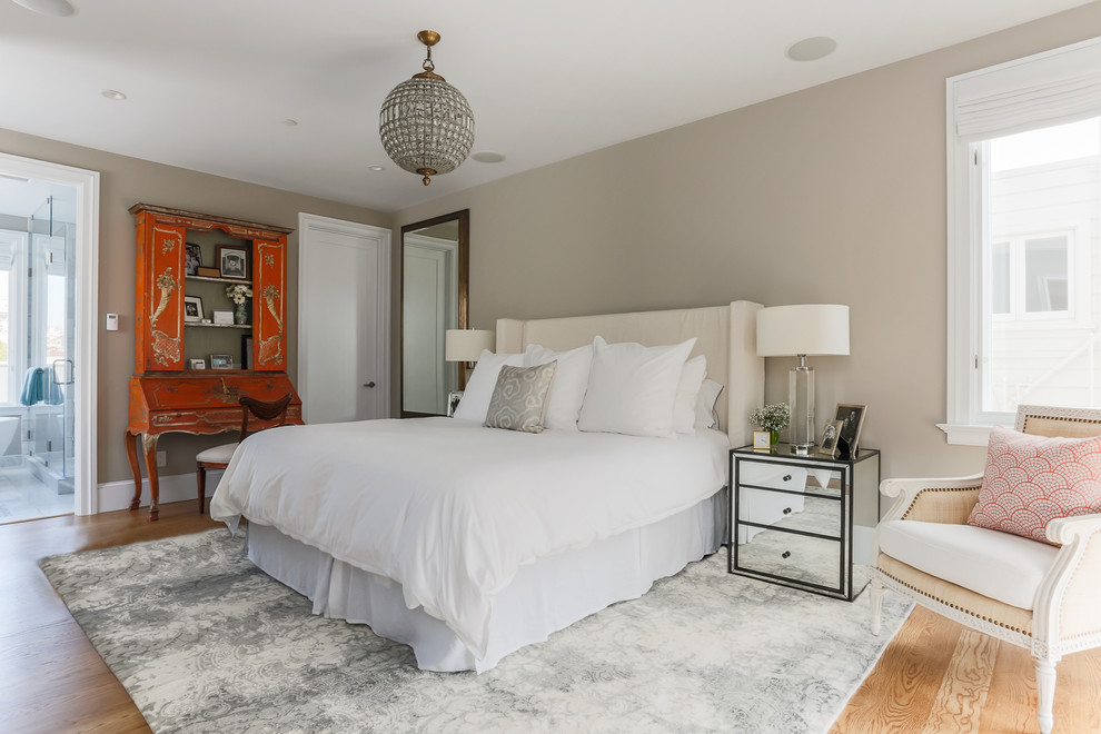 Master Bedroom Chandelier Bedroom Contemporary with Beige Armchair Beige Bedding