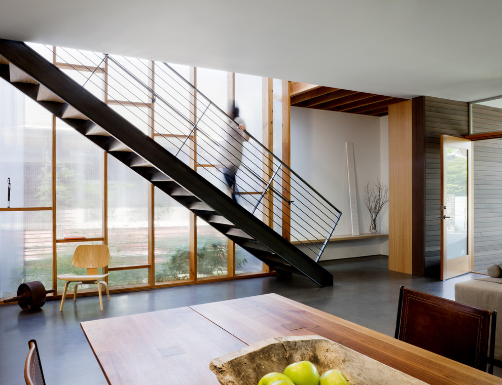 Matte Floor Finish Staircase Contemporary with Accent Chair Blackened Concrete