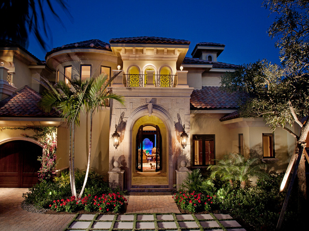 Mediterranean Home Decor Exterior Mediterranean with Arch Archway Brick Driveway